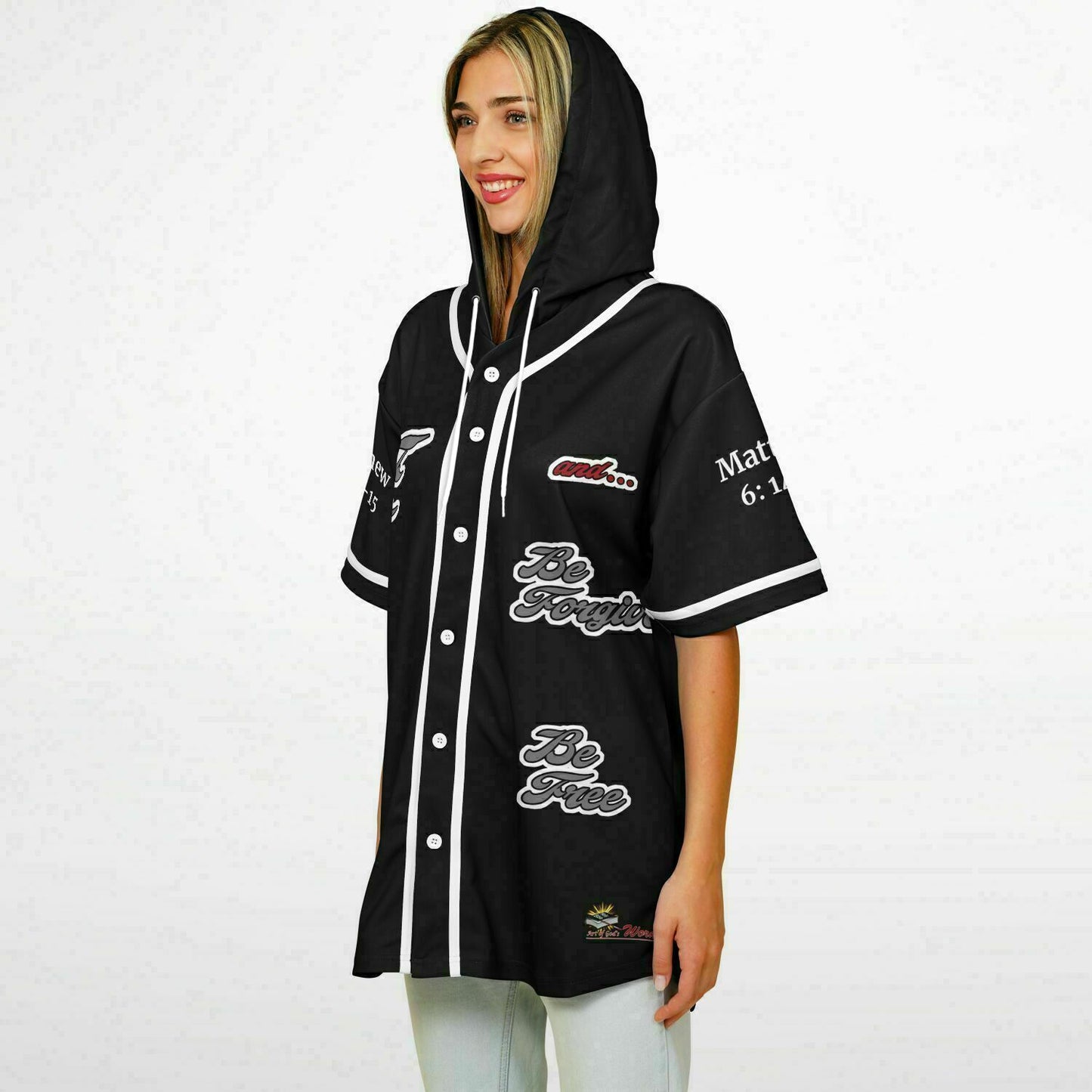 FORGIVE Black - Unisex Hooded Baseball Jersey, White Stripes